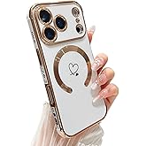 ZTOFERA Magnetic Case for iPhone 17 Pro Case[Compatible with MagSafe] Cute Plating Love Hearts Pattern with Camera Protection,Soft Shockproof TPU Bumper Cover for Women Girls,White