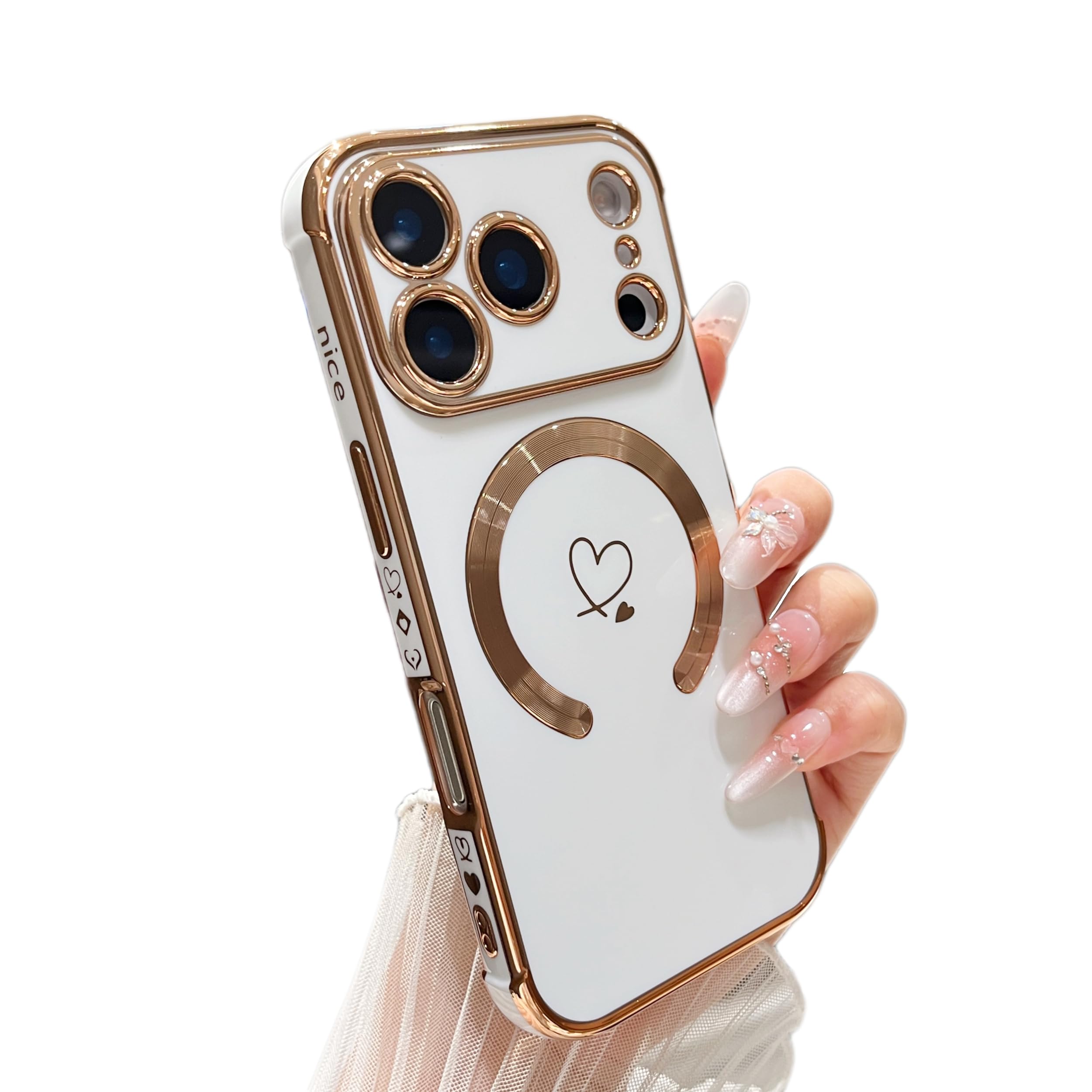 Photo 1 of ZTOFERA Magnetic Case for iPhone 17 Pro Case[Compatible with MagSafe] Cute Plating Love Hearts Pattern with Camera Protection,Soft Shockproof TPU Bumper Cover for Women Girls,White