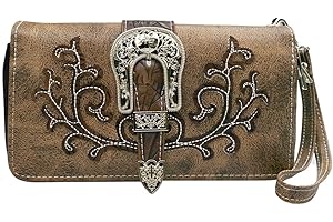 Western Style Handbag Purse, Women Sugar Skull Western Wristlet Wallet, Buckle Clutch Blocking Wristlet Wallet