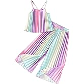 BEAUDRM Girl's 2 Piece Cute Outfits Rainbow Outfit Pleated Spaghetti Strap Crop Top and Wide Leg Pants Sets