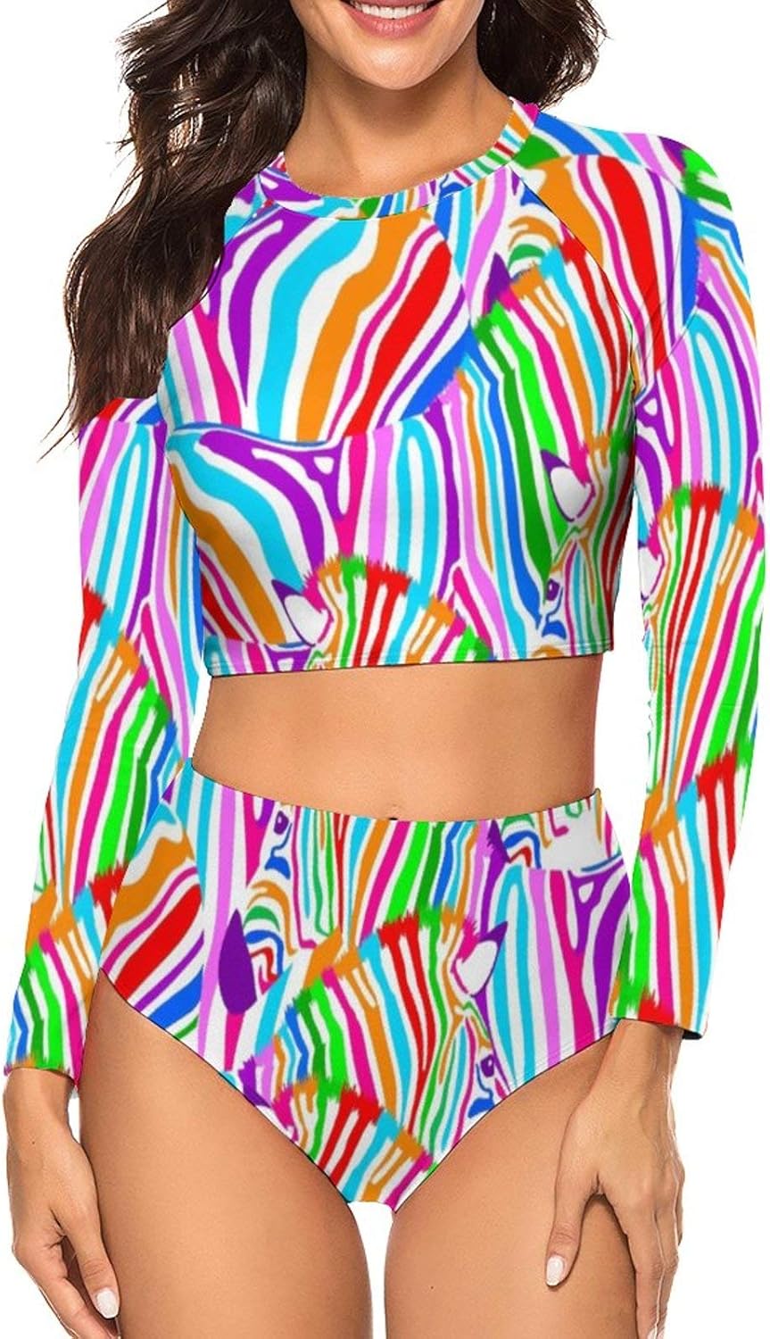 Colorful Zebras Swimsuit Women's Long Sleeves Bikini Set UV Rays