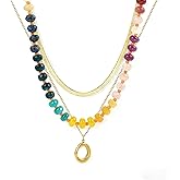Gmai Layered Beaded Necklace for Women Colorful Trendy Snake Chain Circle Pendant Choker Gold Chain Adjustable Length Bohemian Rainbow Stackable Necklaces Jewelry Gift