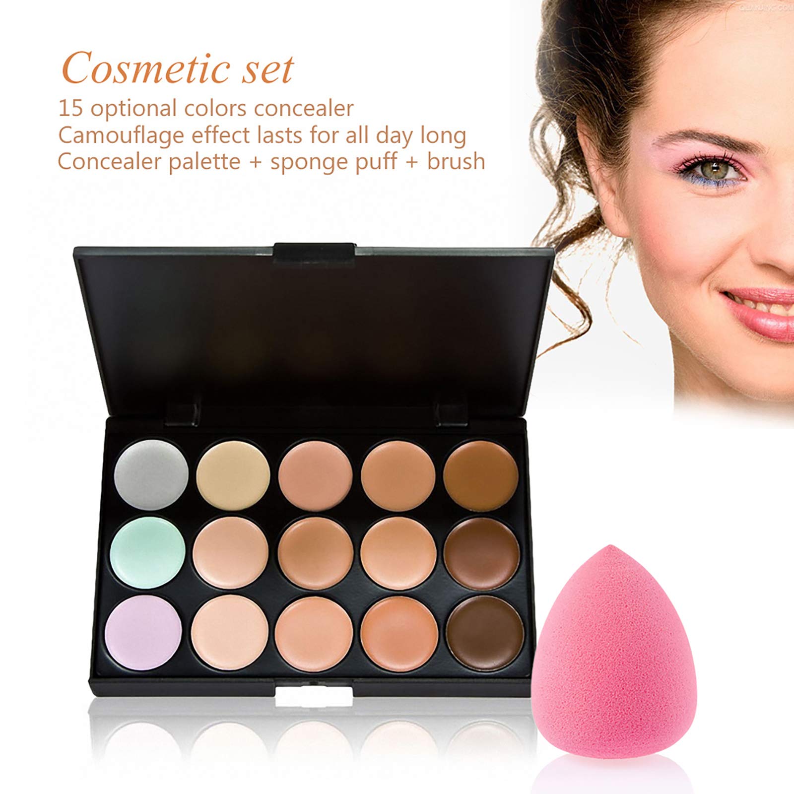 Anself Concealer Palette, 15 Colors Makeup Palette Facial Camouflage Contour Palette with Sponge Puff Oval & Makeup Brush Beauty Make up Cream