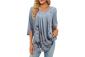 Viracy 3/4 Sleeve Tunic Tops to Wear with Leggings Crewneck Pleated Long Loose Fit Shirt Blouses