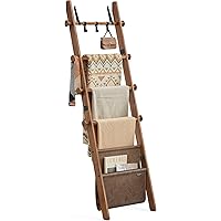 VASAGLE Blanket Ladder for Living Room, 5-Tier Wooden Ladder Shelf, Decorative Farmhouse Towel Rack with Synthetic Leather Ba