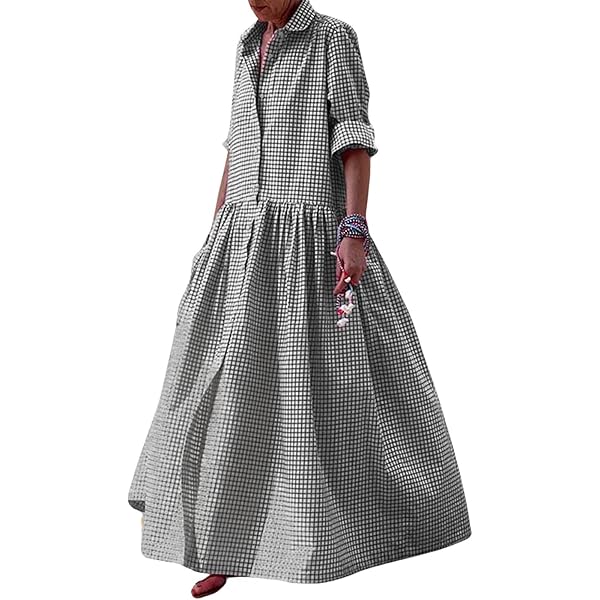 Sexyshine Women's Retro Plaid Button Down Long Sleeve Maxi Shirt
