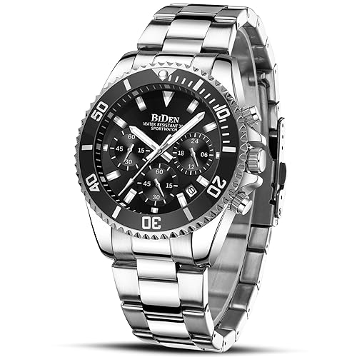 Mens Watches Chronograph Black Stainless Steel Waterproof Date