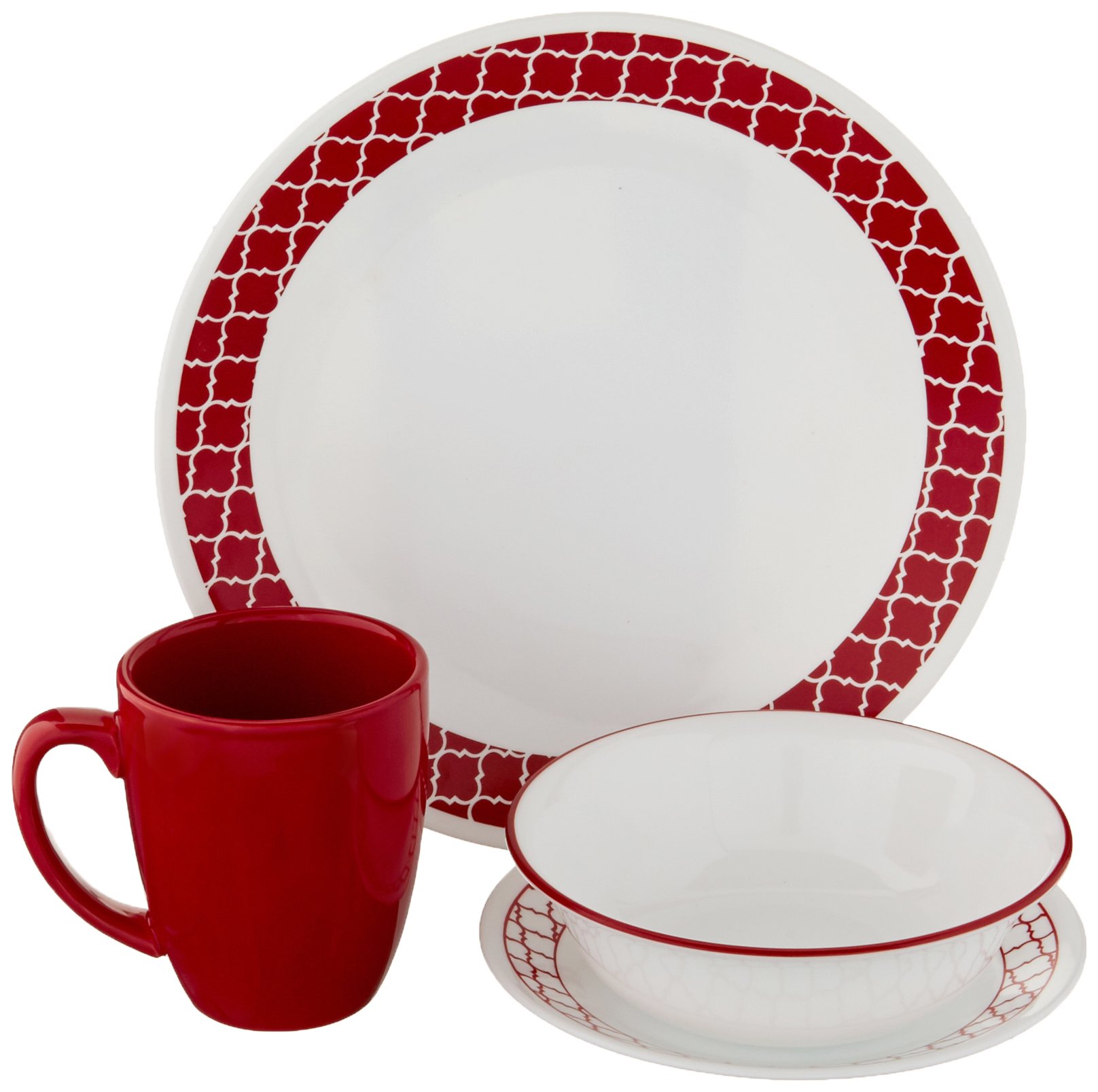 Corelle Crimson Trellis Chip and Break Resistant Dinner Set, Glass, Red, Set of 16