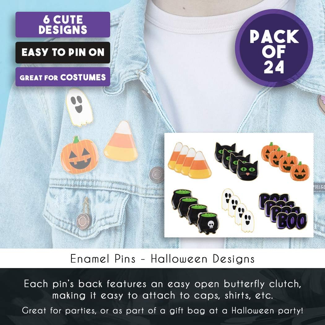Halloween Pins - 24-Pack Enamel Pins, Lapel Pins for Halloween Costume Parties, Kids Party Favors, 6 Designs, 1.1 x 0.3 x 1.1 Inches: Clothing