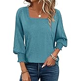 PGANDS Women's 3/4 Sleeve Tops Square Neck Spring Summer Casual Smocked Cuffs Shirts