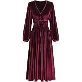 ZAFUL Womens Long Sleeve Velvet Dress 2025 Fall V Neck Holiday Cocktail Party Semi Formal Midi Dresses for Wedding Guest