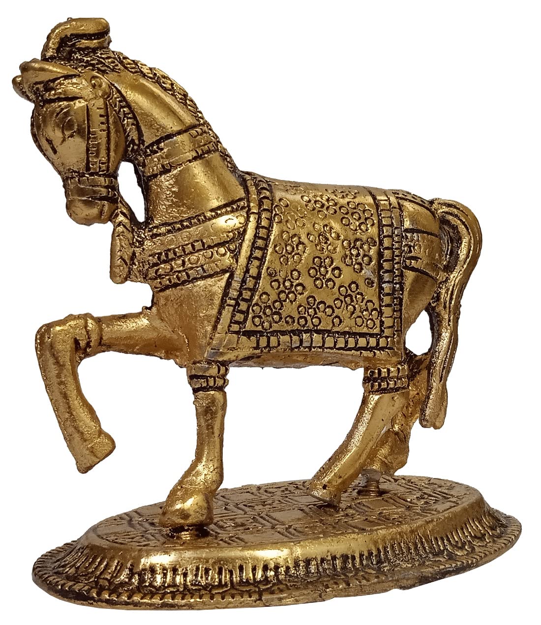 Purpledip Metal Statue Royal Horse: Gold Finish Decorative Showpiece (12607)
