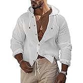 OYOZONE Mens Linen Shirts Casual Button Down Shirts Long Sleeve Roll-Up Sleeve Summer Beach Shirts Tops with Hood