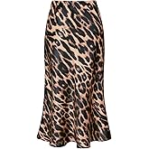 TEDDIFY Women's Leopard Silk Satin Midi Skirt Elastic High Waisted A-Line Cheetah Print Fall Long Skirts for Women 2025
