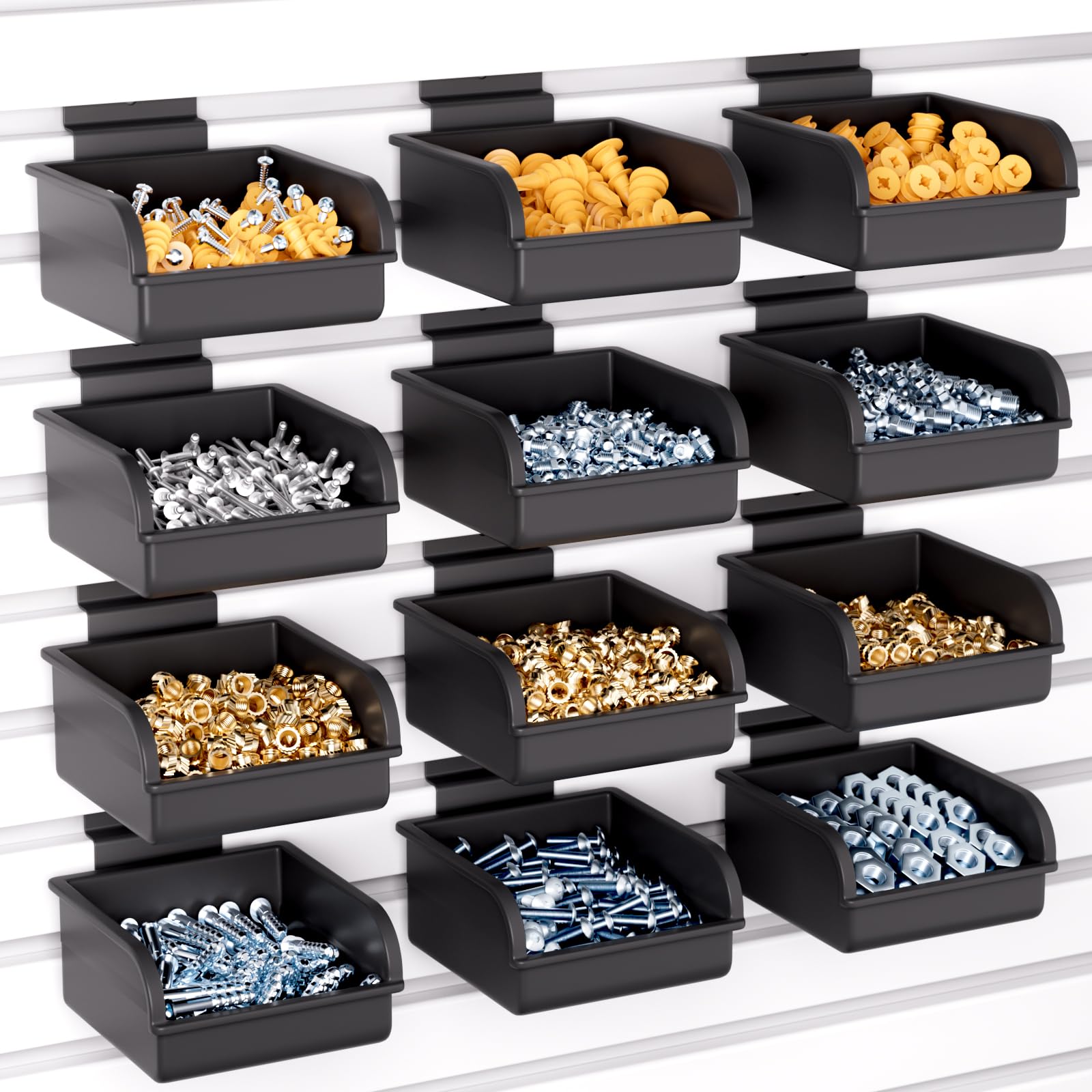 Photo 1 of INCLY 12 Pack Slatwall Bins with Hooks, Plastic Slatwall Accessories Containers Bins for Slat Wall Panels Organizing Hardware, Garage, Craft Room, Kitchen, Tool Shed, Workbench