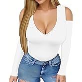 HERLOLLYCHIPS Womens Long Sleeve Tops Deep V Neck Cold Shoulder Tight Fitted Sexy Casual Fall Winter Tee T-Shirts
