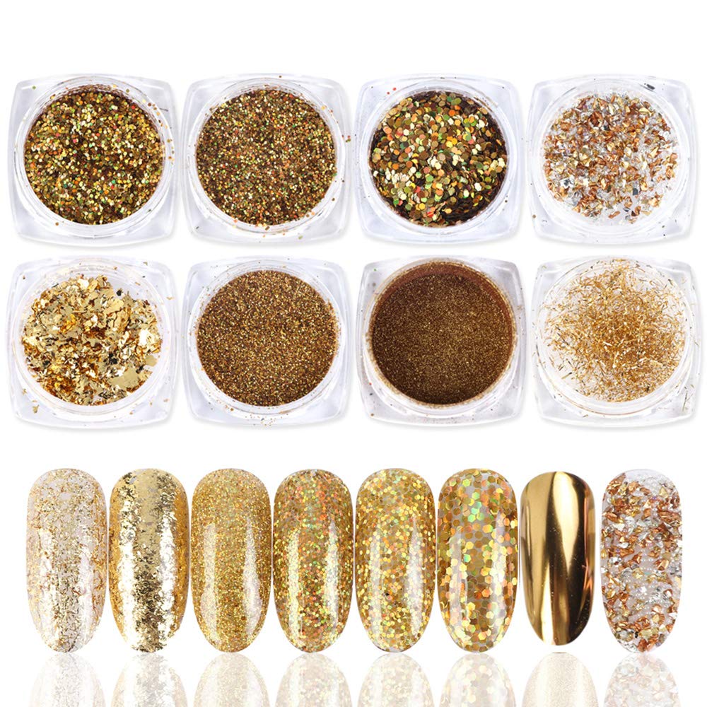 Macute Gold Nail Glitters 8 Colors Metallic Nail Art Sequins for Women Fingernails and Toenails Beauty Designs Manicure Tips Charms Face Decoration Kit Body Accessory Shining Flakes : Beauty