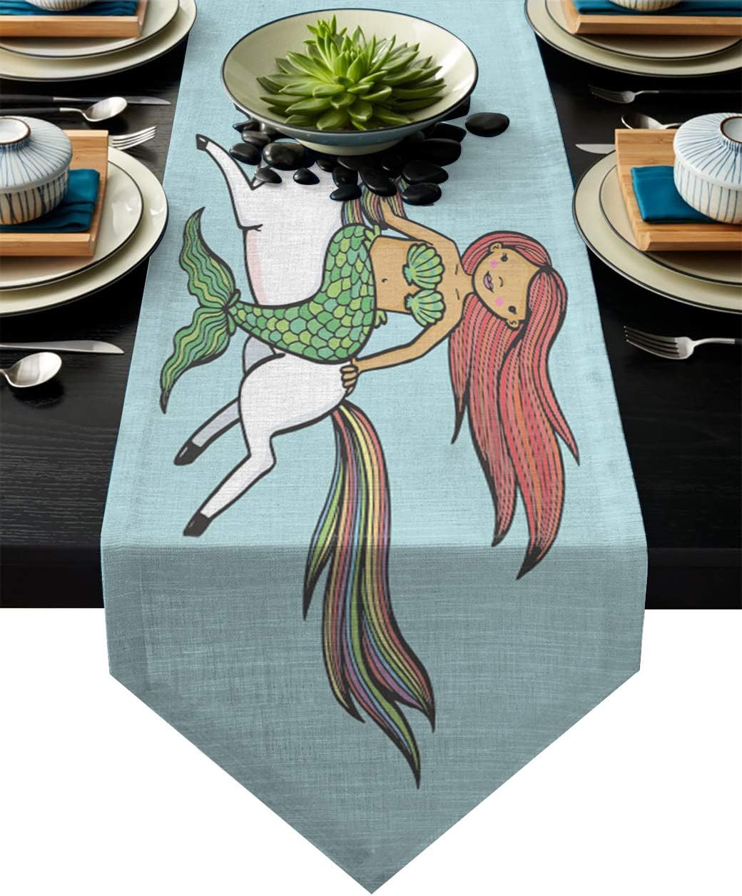 Fandim Fly Table Runner Mermaid Unicorn White Horse Run Funny Cartoon Table Runners for Catering Events, Dinner Parties, Wedding, Indoor and Outdoor Parties, 14 x 72 Inch