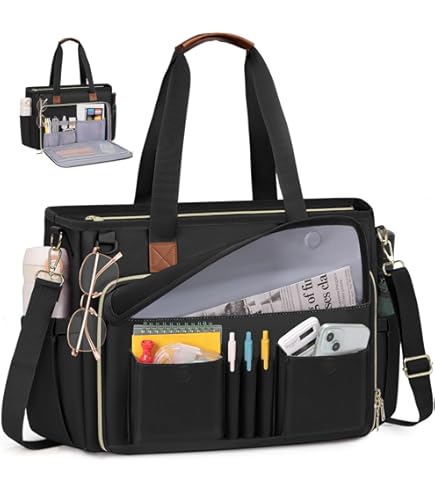 Prokva Teacher Tote Bag With Accordion File Organizer Pocket, Large Teacher Work Utility Bag For Women, Black (Patent Design - View #8