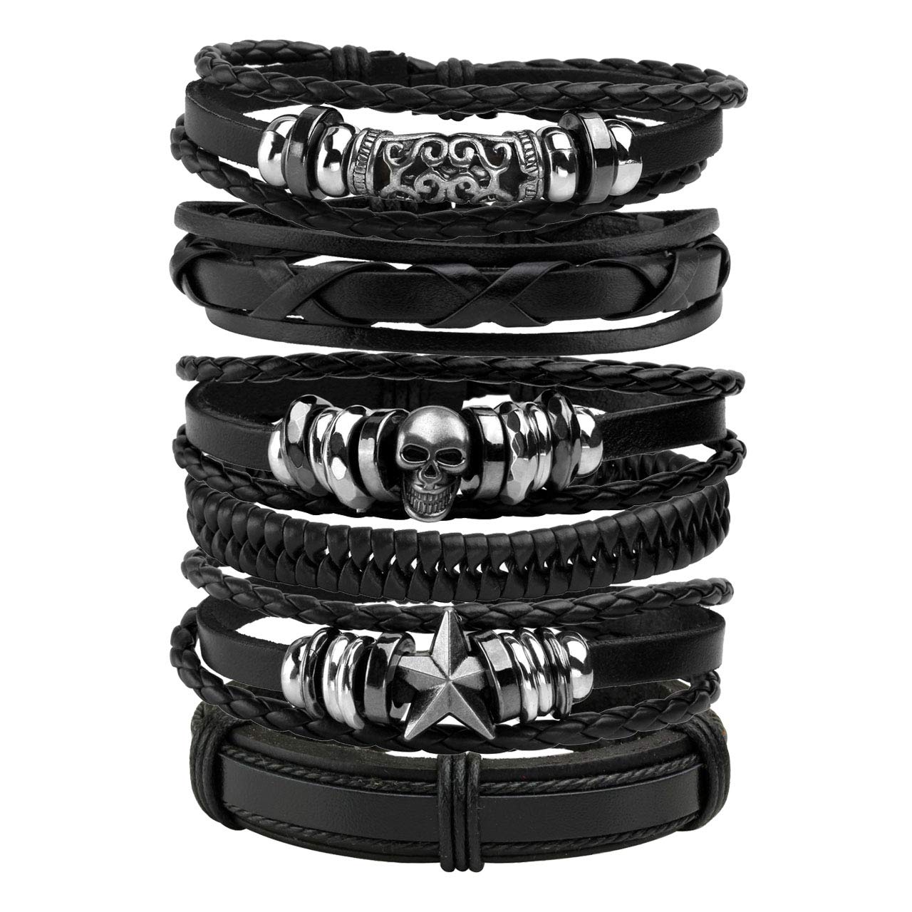 Manfnee 6PCS Braided Faux Leather Bracelet Punk