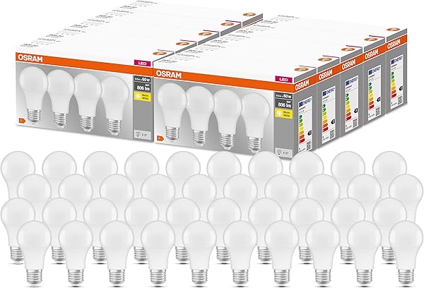 Osram LED Base Classic A, in Kolbenform mit E27-Sockel, Nicht Dimmbar, Ersetzt 60 Watt, Matt, Warmweiß - 2700 Kelvin, 40-Pack, 4058075819450