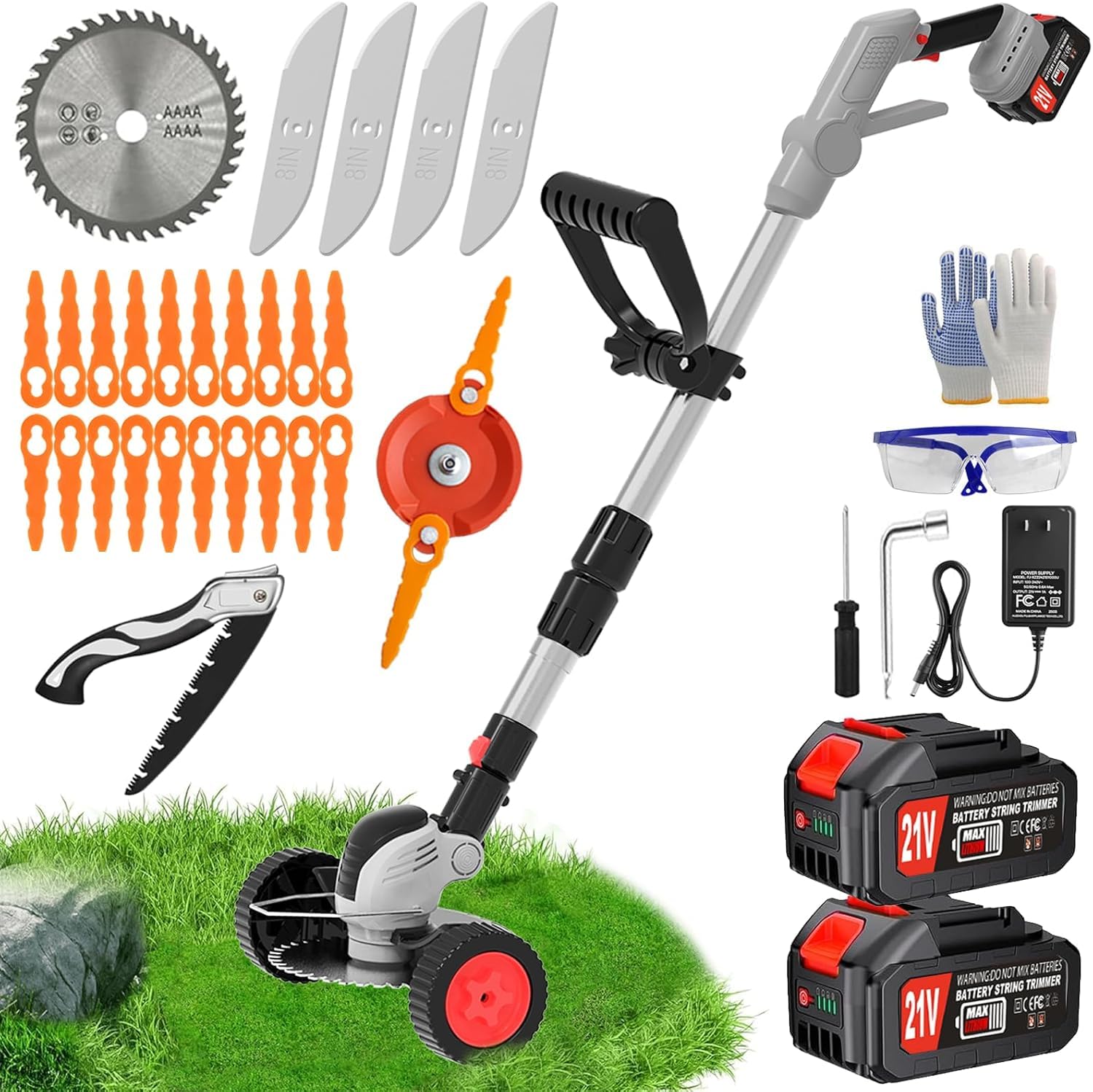 Photo 1 of **It's missing parts, it's used and I don't know if it works 100%.**Electric Cordless Weed Wacker Battery Powered Eater,21V/4.0Ah Lightweight No-String Weed Trimmer with 2 Battery Operated& Wheels,3 in 1 Stringless Grass Trimmer/Edger/Brush Cutter for Gar