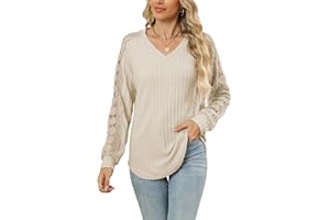 Famulily Women's Sweaters Casual Crochet Knit Long Sleeve Top Lightweight V Neck Pullover Blouse Fall Tunic Top for Leggings