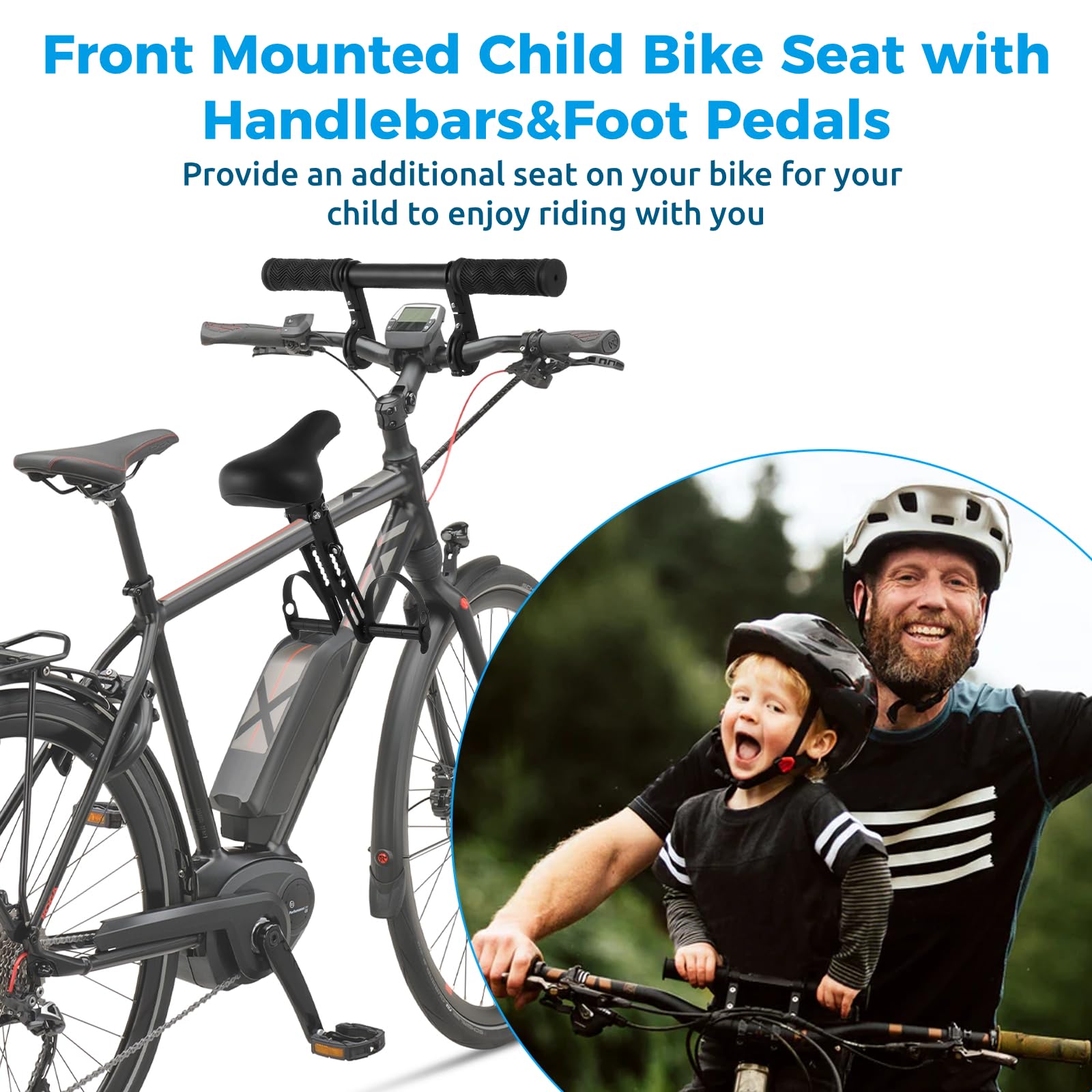 Lnrueg Kids Bike Seat for Adult Bike, Kid Bike Seat with Handlebar and Foot Pedals, Front Mounted Child Bike Seat for Mountain Bikes, Parent-Child Cycling Seat Kit for Children 2-6 Years