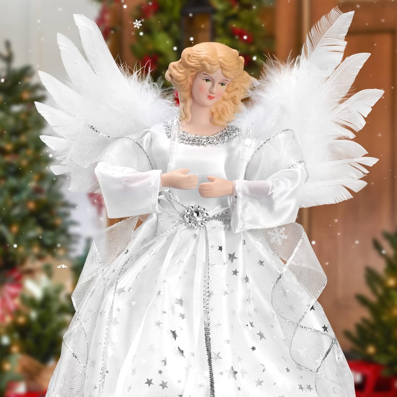 Tree Toppers - LHMTQVK Angel Treetop, 12'' Standing White Angel Christmas Tree Topper or Table Top, White Lighted Angel Tree Topper -Christmas Tree Topper Decoration Ornament for Home (Silver)