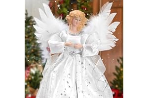 LHMTQVK Light Angel Treetop, 12" Standing White Angel Christmas Tree Topper or Table Top, White Lighted Angel Tree Topper -Christmas Tree Topper Decoration Ornament for Home (Silver)