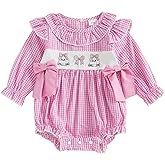 NEVUQO Newborn Baby Girl Halloween Outfit Pumpkin Embroidery Bubble Romper Plaid Doll Collar Long Sleeve Jumpsuit Fall