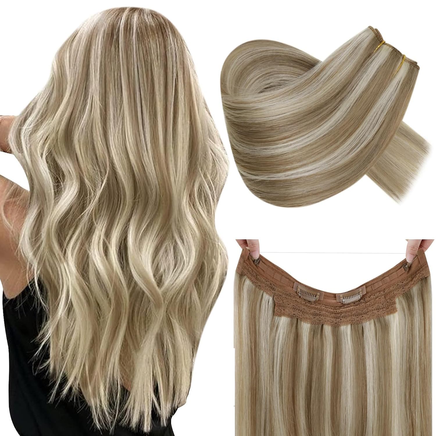 RUNATURE 18 Inch Invisible Wire Hair Extensions Real Human Hair Blonde Highlight Brown Invisible Fish Line Hair Extensions Straight Real Human Hair 100 Gram #P8/24 — image 1