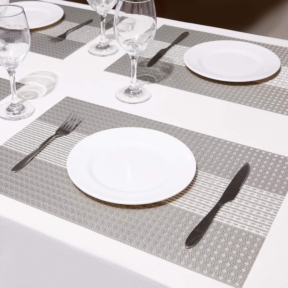 DOLOPL Placemat Placemats Silver and Sequins Placemats Set of 6 Woven Vinyl Durable Table Mat Easy to Clean Heat Resistant Wipeable Spring Placemats for Dining Table Decoration: Home & Kitchen