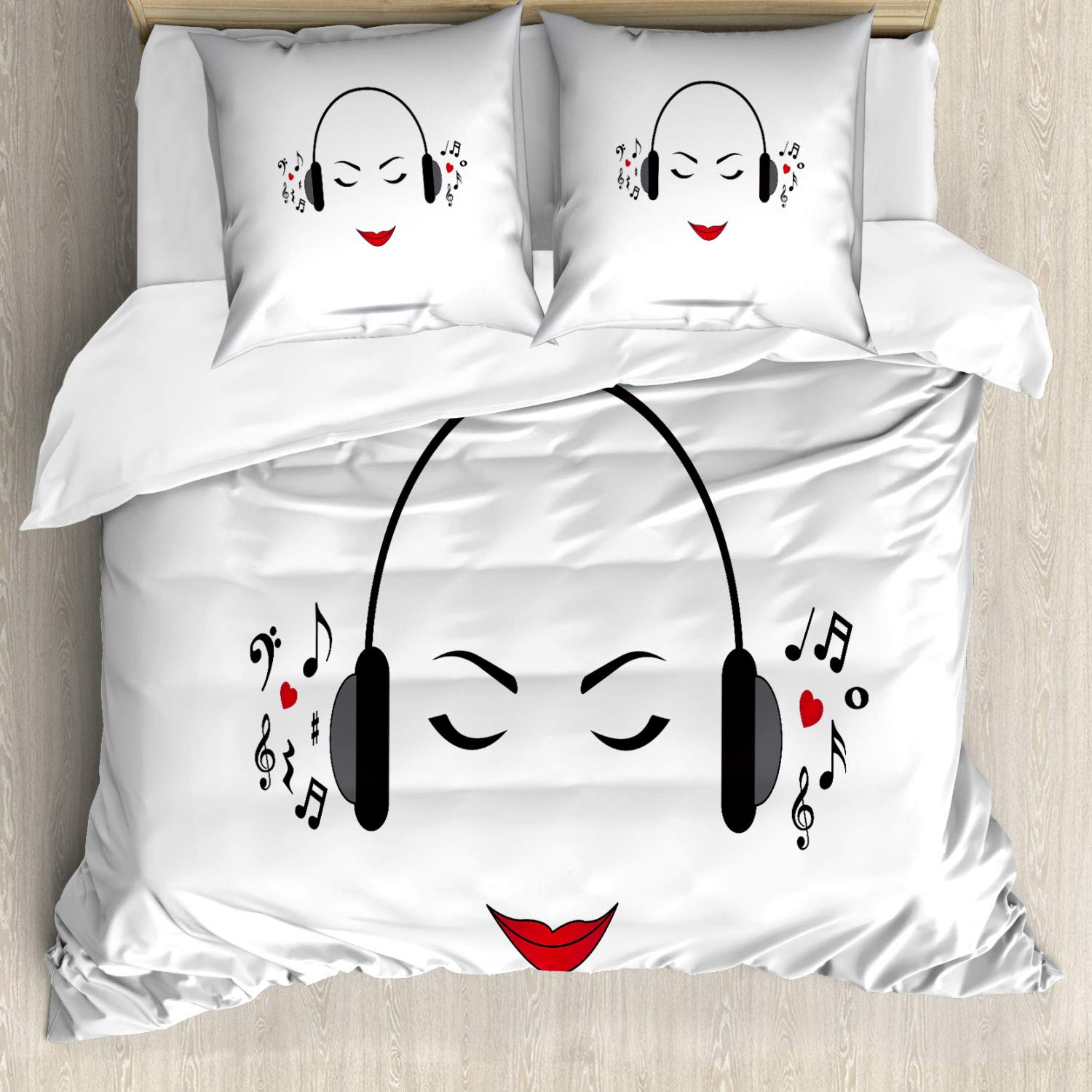 ABAKUHAUS Music Duvet Cover Set For Double Beds, Listen to Lady Music, Suitable for Allergy Sufferers with Mite-proof Pillowcases, Black and White