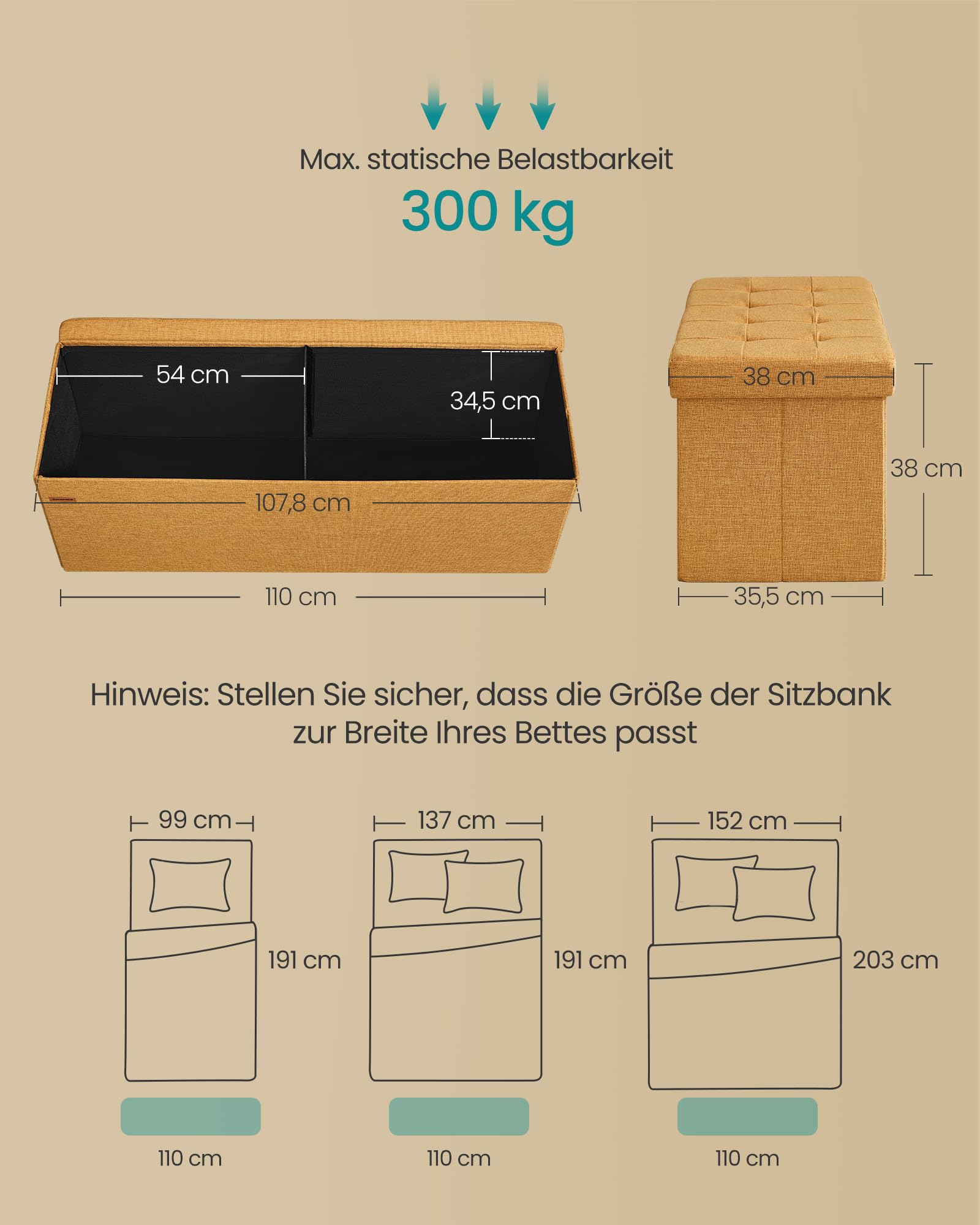 SONGMICS Sitzhocker mit Stauraum, klappbare Sitzbank, 38 x 110 x 38 cm Fußbank, Aufbewahrungsbox, bis 300 kg belastbar, für Wohnzimmer Schlafzimmer Flur, ingwergelb LSF077K04 3