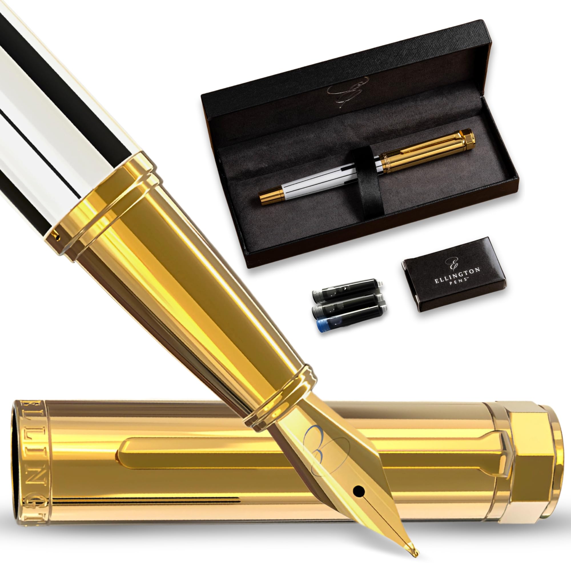 Ellington Pens Luxury Fountain Pen Set- Fountain Pens for Writing - Smooth Nib - Includes Refillable Ink Converter, 3 Ink Cartridges [2 Black & 1 Blue], Gift Box - Elegant Calligraphy