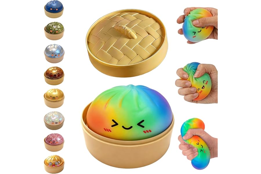 Glitter Dumpling Squishy,Dumpling Squishies,Glitter Dumpling Mystery Box,Colorful Dumpling Stress Balls Fidget,Jumbo Squishy Toy with Steamer Box,Soft Squeeze Decompression Dough (Rainbow Colors)