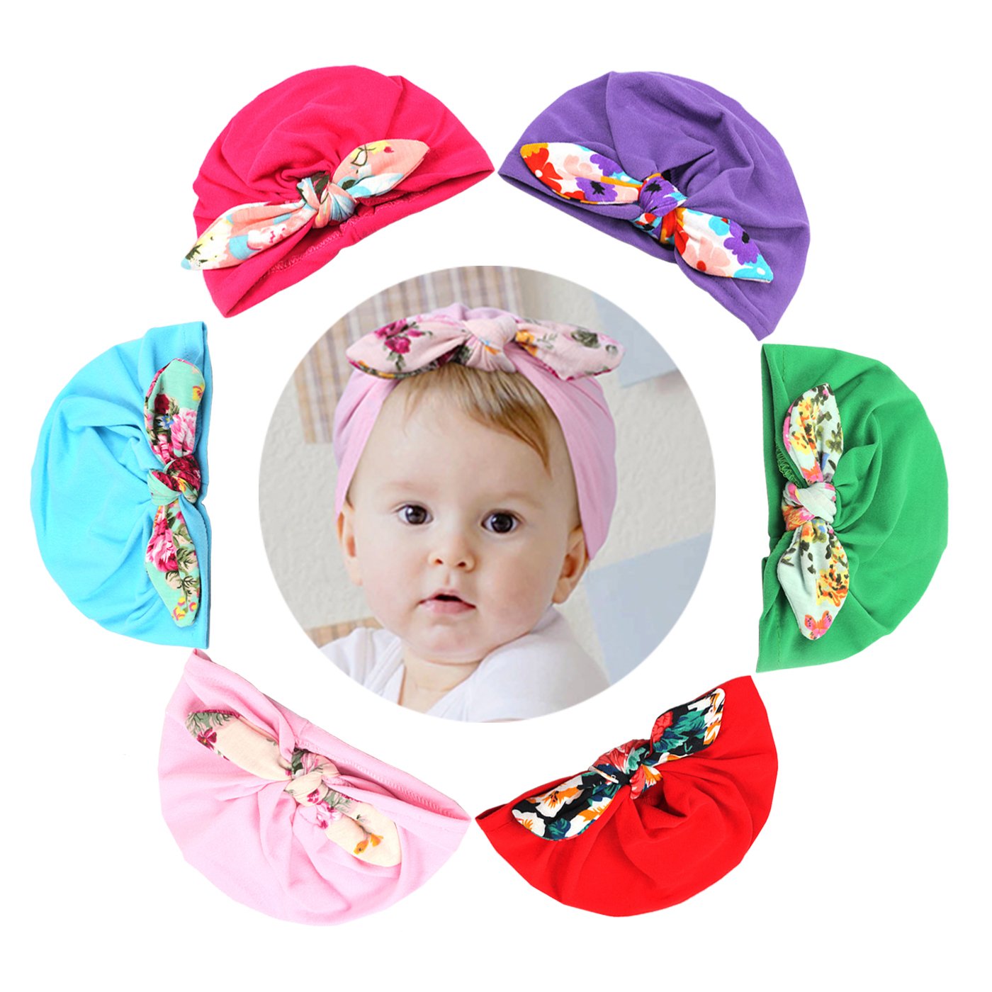Xeababy Bow Hats for Newborn Baby Girls, 6 pcs Elastic Knot Headbands Hat Large Bow Infant Hat Headband Bow Hair Accessories