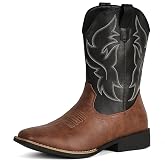 IUV Cowboy Boots For Men Wide Square Toe | Slip-Resistant Western Boots with Embroidered Detail Easy Pull-On Design