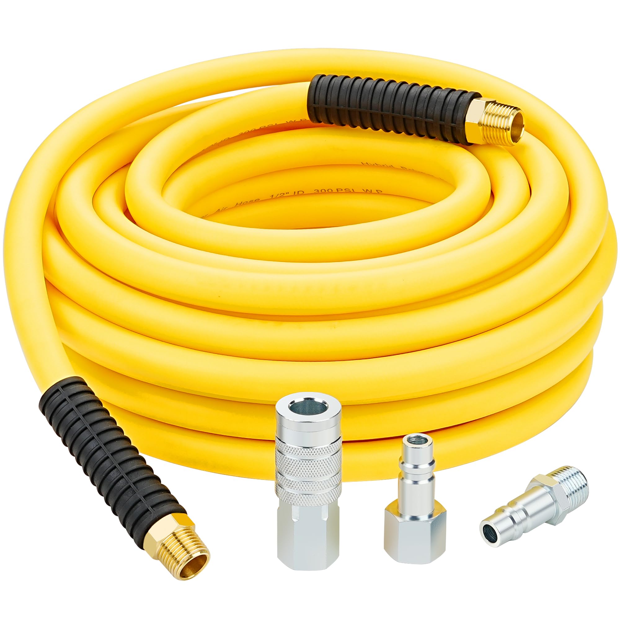 Photo 1 of 1/2 Inch x 50ft. Hybrid Air Hose with 1/2 in. MNPT Ends and Bend Restrictors, 3PCS 1/2” Air Coupler and Plug Kit, Air Compressor Hose Fittings and Accessories