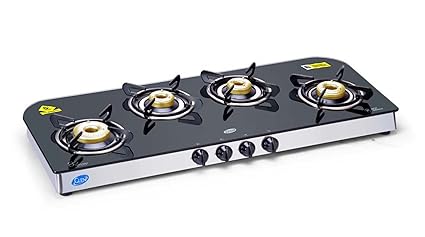 Glen Kitchen Glass 4 Burner Cooktop, Manual Ignition Gas Stove,Black/Silver