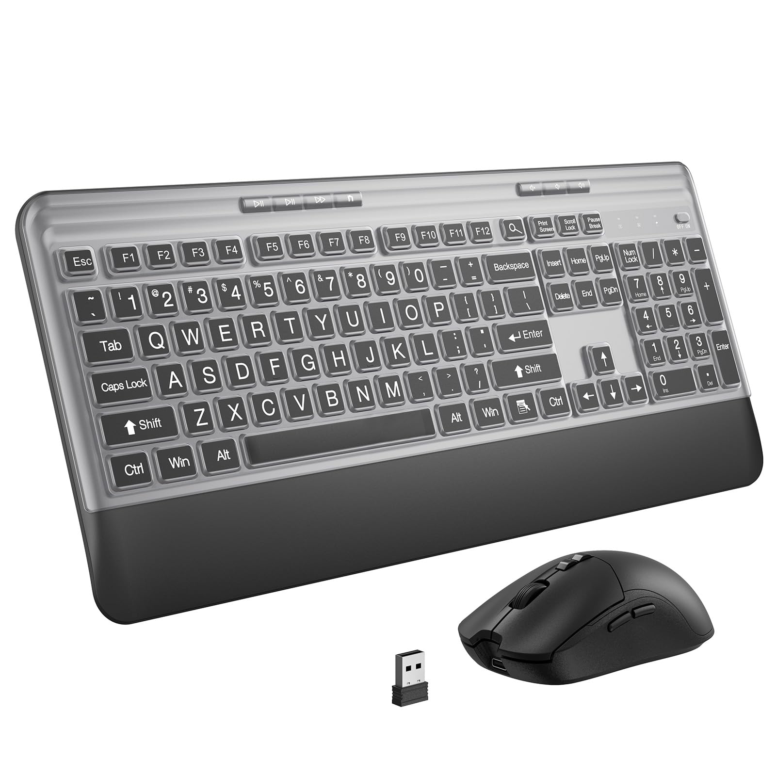 Photo 1 of **NO USB***KOPJIPPOM Silent Wireless Keyboard and Mouse Combo - Keyboard with Large Print Cover, 2.4GHz Full-Sized Ergonomic Keyboard with Wrist Rest and Mouse for Laptop, PC, Notebook, Desktop