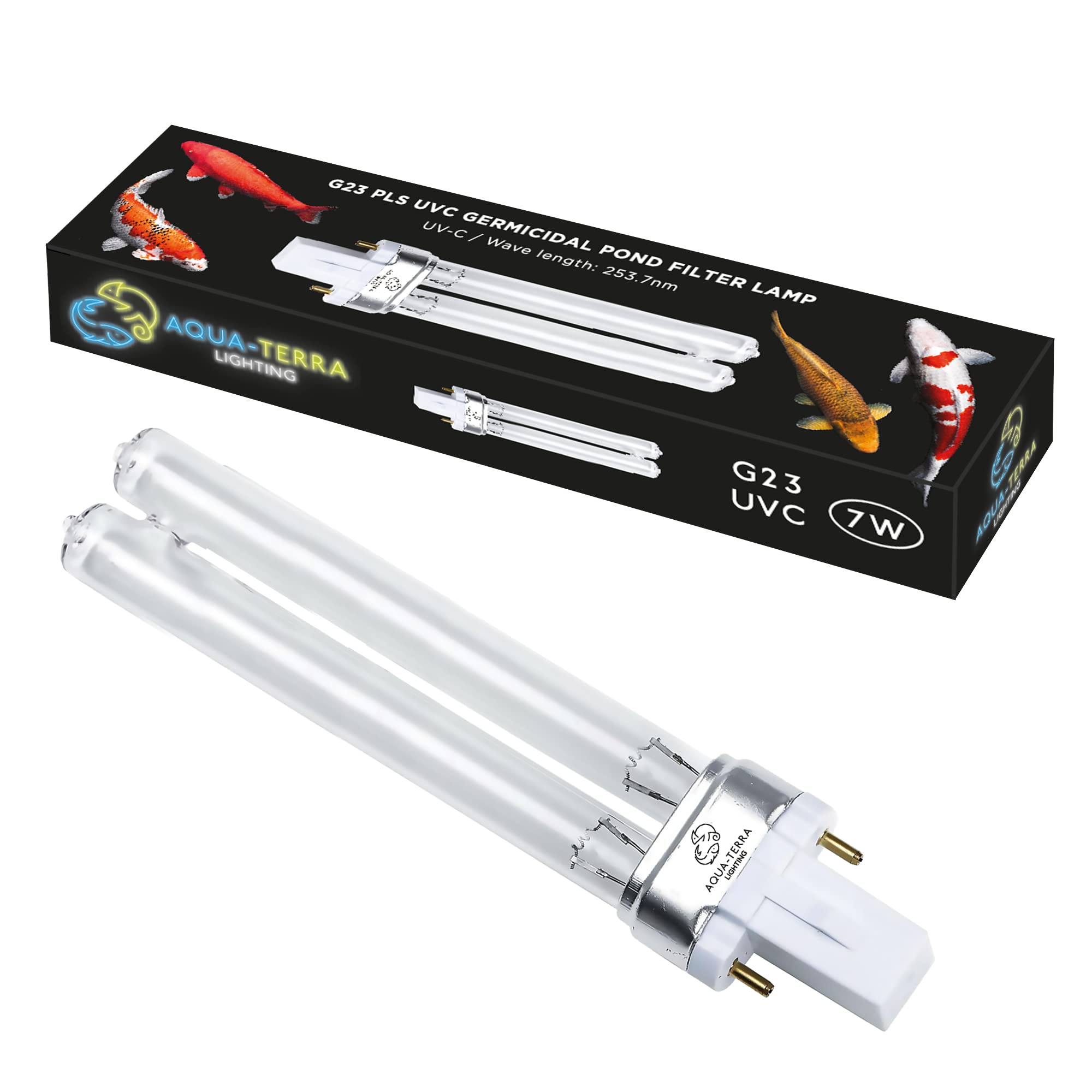 Aqua-Terra Lighting 7W Pond Filter Bulb – UVC Ultra Violet Bulbs for Filters & Clarifiers – Germicidal G23 2pin PLS lamp Base for Replacing UV Bulbs in Garden Pond Filters
