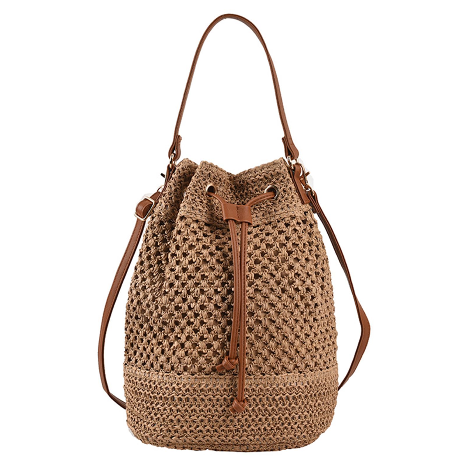 Photo 1 of OWGSEE Straw Bucket Bag Summer Woven Crossbody Bags for Women Hobo Drawstring Purse Vacation Handbags Straw Beach Bag (Khaki)