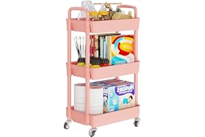 Laiensia 3-Tier Rolling Cart with Wheels,Multifunction Utility Storage Carts, Kitchen Storage Organizer,Mobile Shelving Unit for Bathroom,Laundry,with Classified Stickers,Pink