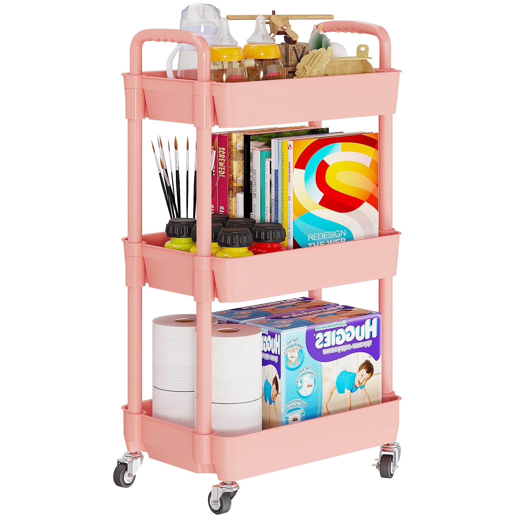Photo 1 of Laiensia 3-Tier Rolling Cart with Wheels,Multifunction Utility Storage carts, Kitchen Storage Organizer,Mobile Shelving Unit for Bathroom,Laundry,with Classified Stickers,Pink