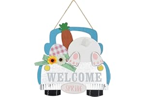 Easter Decorations, MEETYAMOR Bunny with Carrots Farmhouse Truck Wooden Block Easter Decor, WELCOME Spring Sign Easter Egg Flowers Design Easter Door Decorations for Front Door, Wall, Porch, Outdoor