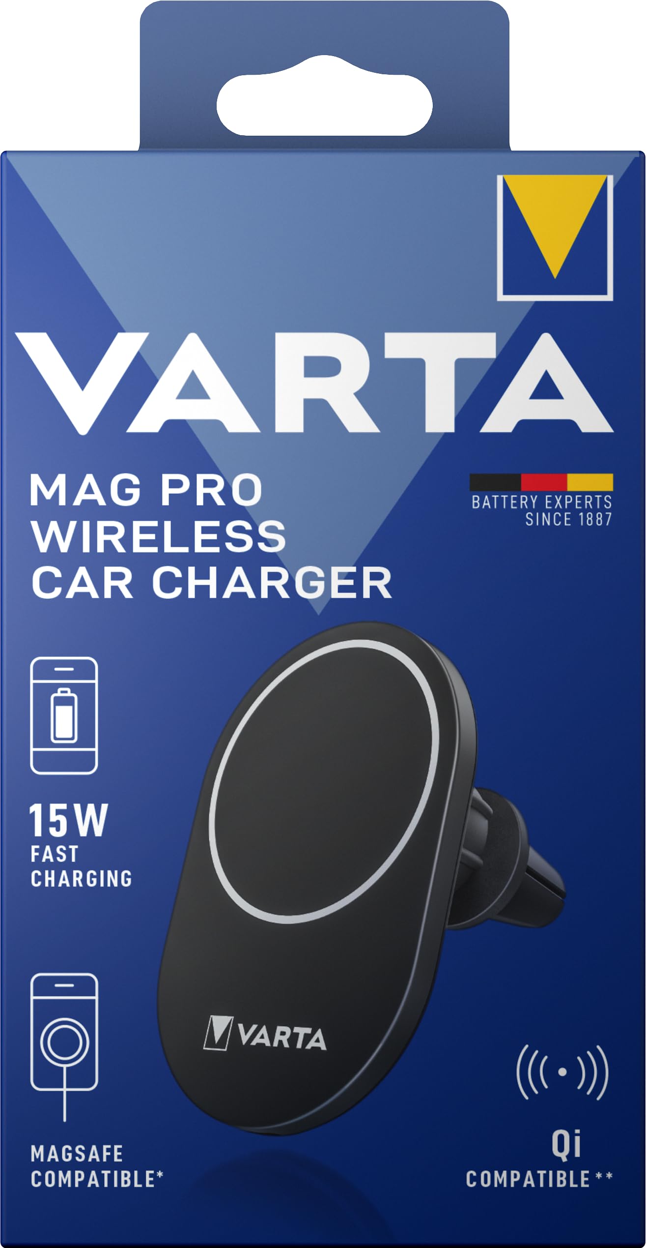 VARTA Mag Pro Wireless Car Charger 15W (Smartphone Holder and Wireless Charger in One, MagSafe Compatible, Qi Compatible) with Car Mount and USB Type C Cable, Black