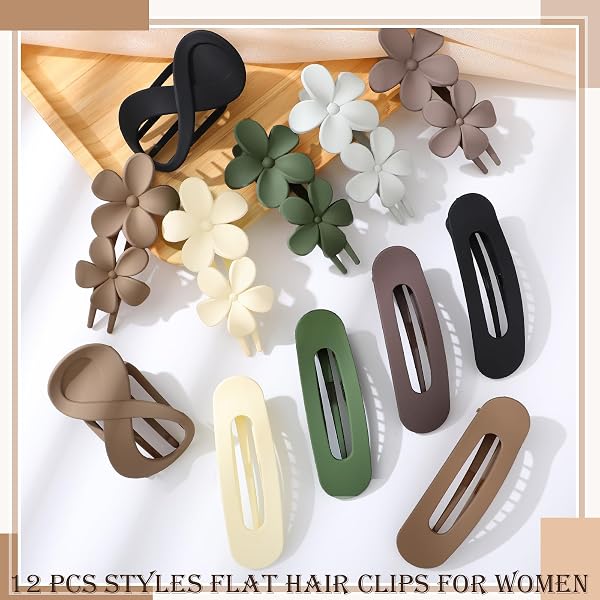12 PCS FLAT HAIR CLIPS FOR WOMEN, FRENCH CONCORD FLAT CLAW CLIPS FOR WOMEN, 3 STYLES MATTE HAIR CLIPS FOR THIN THICK HAIR
