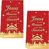 Nativity Christmas Kitchen Towels Set of 2, Jesus is The Reason for The Season Xmas Hand Dish Tea Towels Cloths Red Gold Decorative Holiday Drying Dishcloth for Home Bathroom Hotel 18"x26"